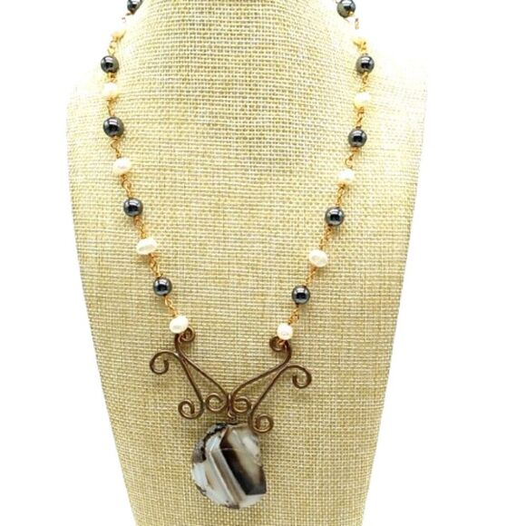 Artisan Brass Copper Wire Wrapped Agate Gemstone White fresh Water &Black Pearls - Picture 2 of 12